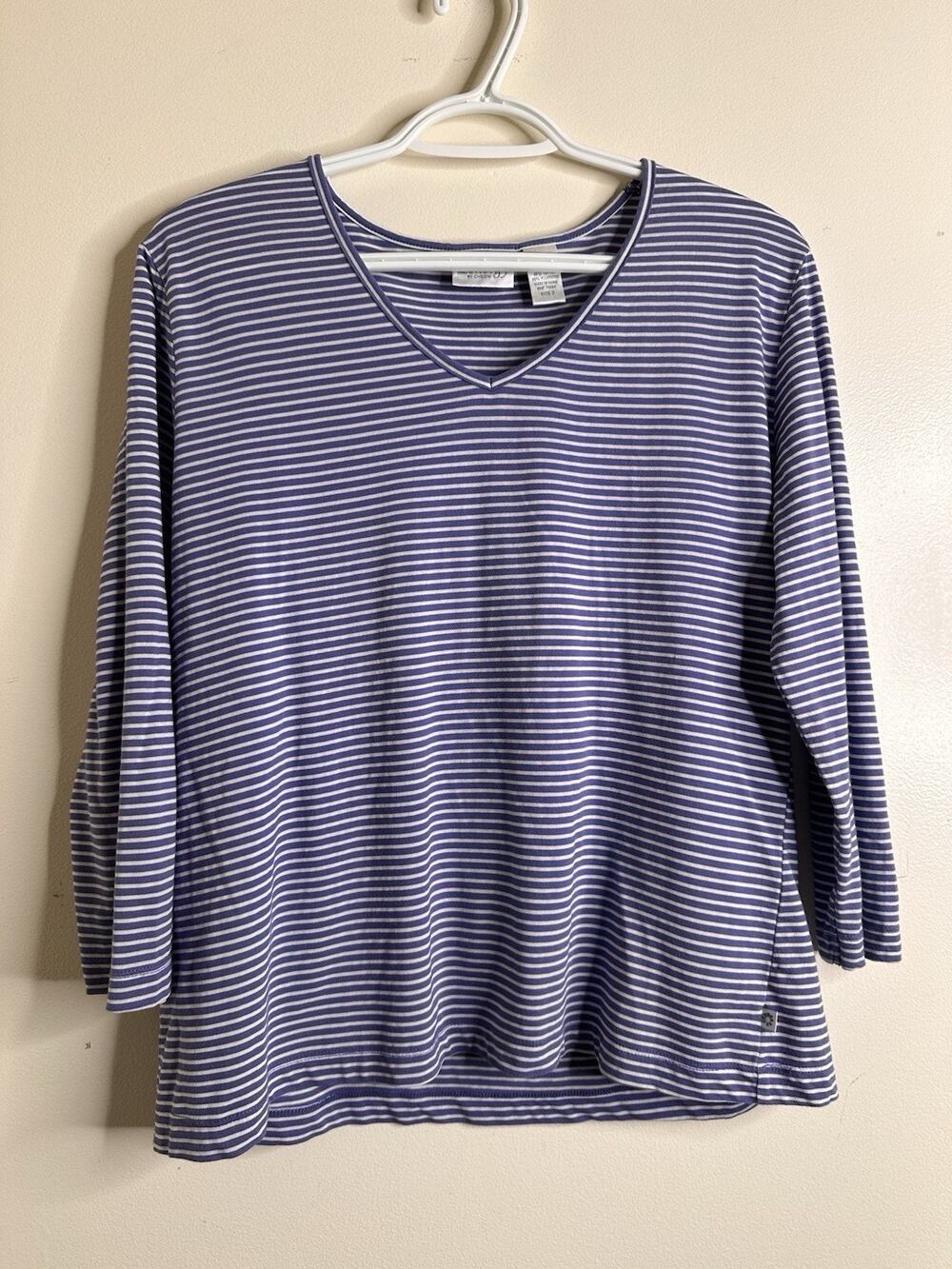 Chicos Zenergy Size 2 US 12 Purple White Stripe V-Neck 3/4 Sleeve Top Cotton